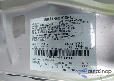 2004 Ford Mustang z USA, uszkodzony, nr VIN 1FAFP44604F229637